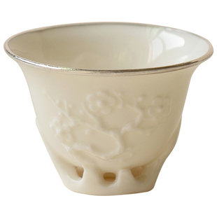 季度窑临古复刻宋风梅花杯包银口浮雕主人杯手工陶瓷茶具单杯德化