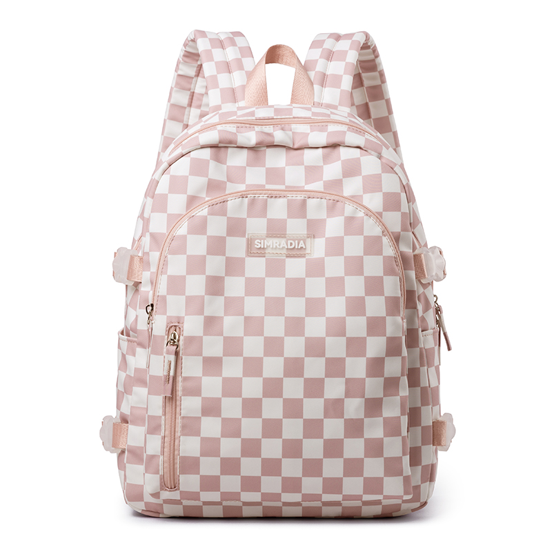 粉色棋盘格双肩包女大学生2024新款高中书包小众设计原创旅行背包