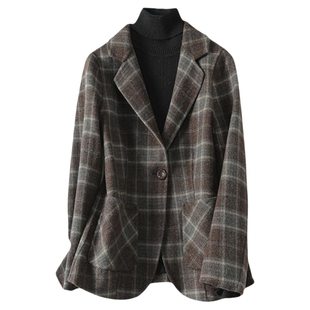羊毛呢外套女士西装短款格子修身气质西服领春秋新款双面羊毛大衣