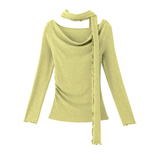 LIMONN嫩黄绿天丝麻挂脖荡领飘带长袖上衣女抽褶修身温柔2026春