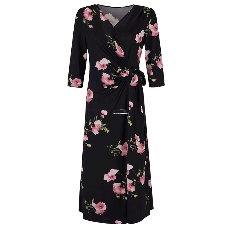马天奴2025夏季新款黑底粉花印花连衣裙子V领绑带收腰时尚气质女