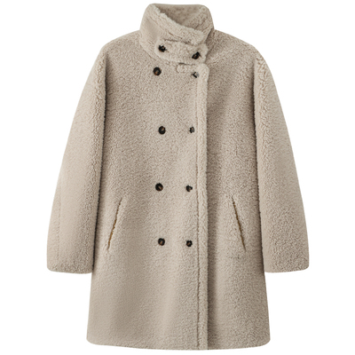 孙文秀studio卷毛泰迪毛毛大衣中长款毛呢外套女双排扣立领大衣女