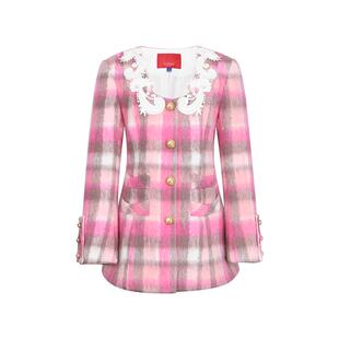 lefame拉飞姆海马毛收腰中长款粉彩格纹外套