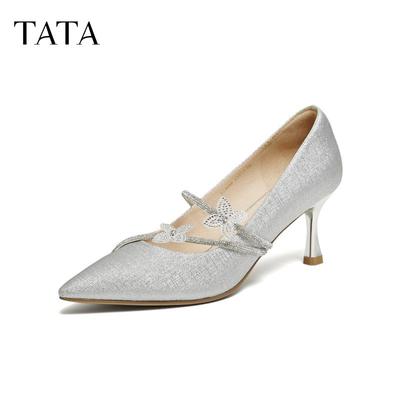 TATA他她女鞋2026春季浅口单鞋羊皮婚鞋百搭女高跟伴娘鞋XCM06AQ6