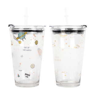 Miniso名创优品星球掀盖吸管玻璃杯透明随身饮水杯子带盖星空卡通