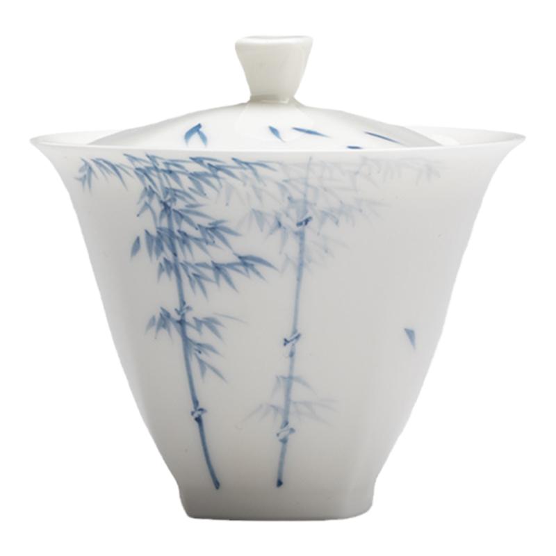 玉泥白瓷手绘青花竹子盖碗 文人兰花泡茶碗茶杯 素雅 新品