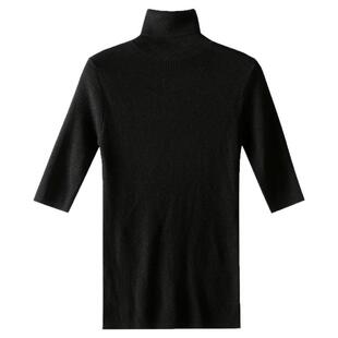 高领中袖五分袖毛衣女修身堆领半袖上衣秋冬紧身针织打底衫黑微胖