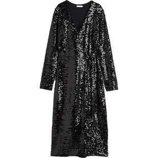 HM女装连衣裙冬季时尚亮片围裹式V领中长连衣裙1205467