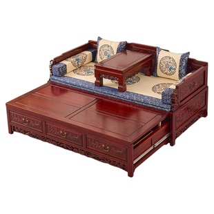 老榆木罗汉床新中式伸缩两用实木沙发床小户型客厅推拉抽拉罗汉榻