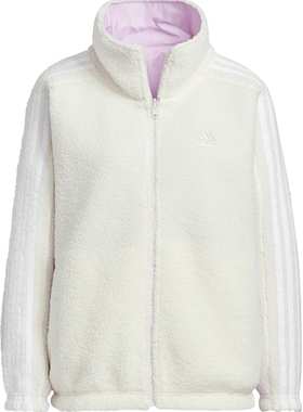 阿迪达斯女子冬季新款休闲三条纹仿羊羔绒保暖运动夹克外套HM7111