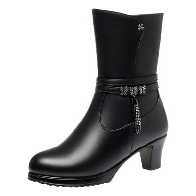 靴子中筒靴真皮加绒时尚中跟棉鞋