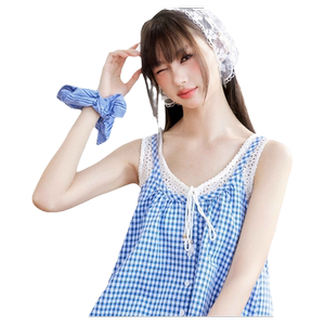 CLOUDSEASON蕾丝假两件吊带格子上衣无袖蓝白格甜妹学院风小衫女