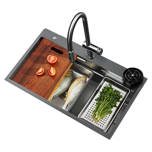 悍高厨房手工水槽黑钛纳米304不锈钢飘雨瀑布单槽台上台下盆套装