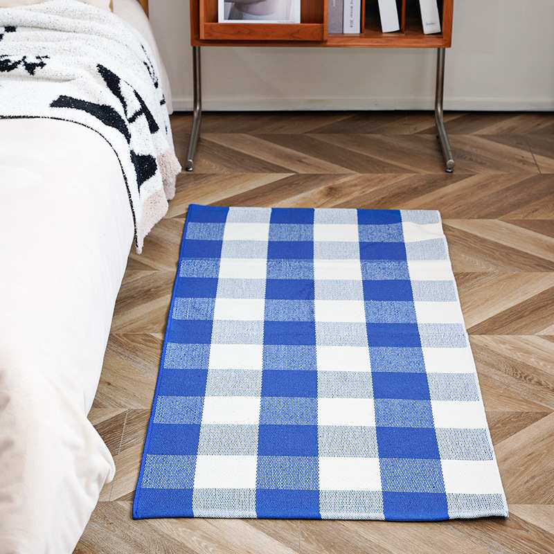 外贸跨境长方形床边床尾毯卧室编织条纹垫家用透气彩色地棉线格子