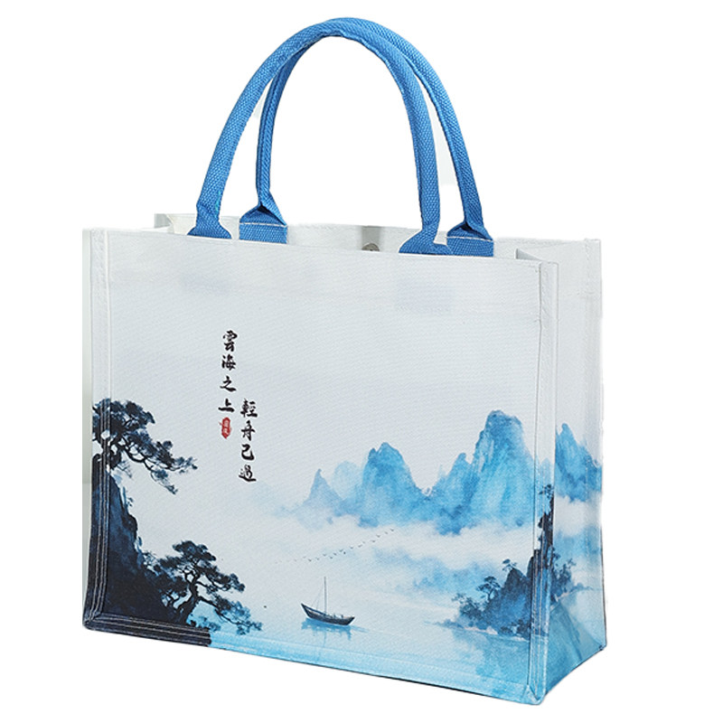 中国风山水画手提大容量帆布袋
