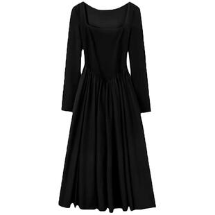 黑色连衣裙女秋冬季内搭裙子绝美礼服方领长裙针织加长赫本风高级