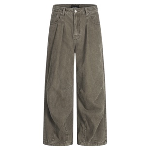 INKNOTS美式复古水洗做旧高级感直筒裤男女宽松阔腿弧形牛仔裤子