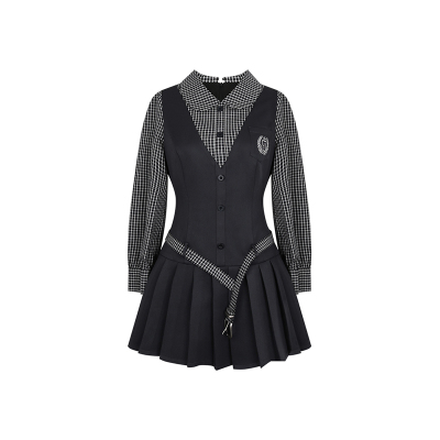 安妮不火 高智学院风格纹拼接娃娃领百褶裙女微胖大码学院风裙子