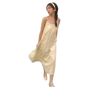 褶皱吊带裙棉麻女夏季双层飘逸仙气长裙海边度假宽松苎麻连衣裙子