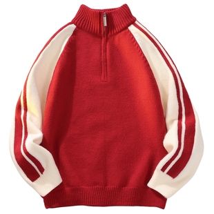 男士美式红色半拉链毛衣男款高级感2025新款针织衫冬季外套慵懒风