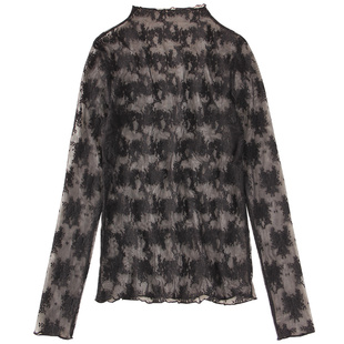 透明半高领蕾丝打底衫女长袖毛衣内搭纱衣秋冬新款网纱上衣薄款潮