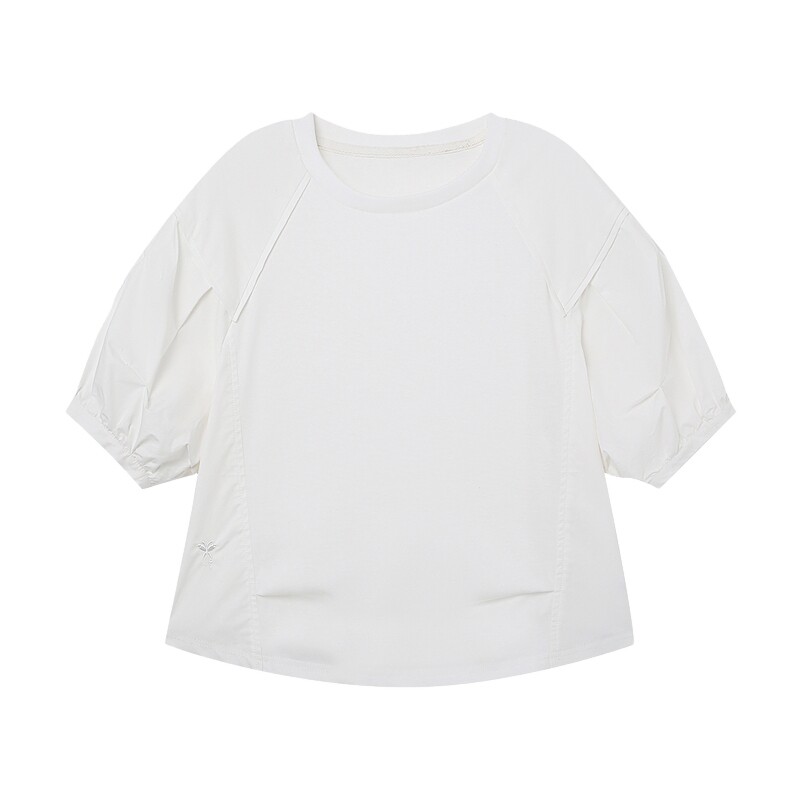 Basic House/百家好五分灯笼袖拼接褶皱T恤小众插肩袖上衣夏季女