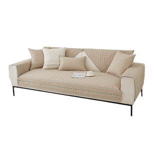 纯棉四季沙发垫防滑布艺坐垫全棉直排三人位卡其套罩2024新款盖布