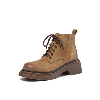 圆头马丁靴厚底短靴系带复古黄色