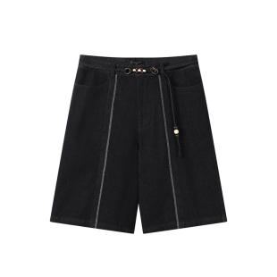 WHIMNOTION 26SS「串珠腰绳」中缝线原色牛仔六分裤 宽松直筒短裤