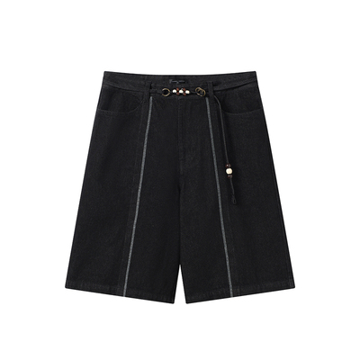 WHIMNOTION 26SS「串珠腰绳」中缝线原色牛仔六分裤 宽松直筒短裤