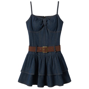 织物猪 西西里女孩 废土牛仔吊带连衣裙女春夏甜辣风短裙出游套装