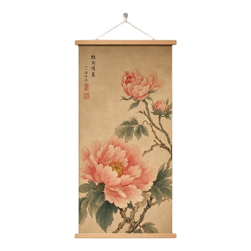 新中式牡丹高清实木卷轴装饰画