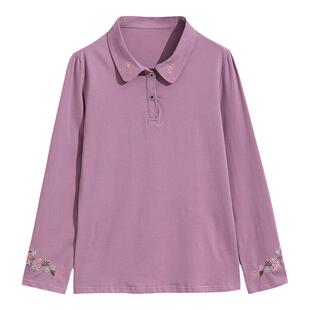 妈妈装2026新款t恤长袖女中老年时尚洋气上衣百搭刺绣POLO领女装