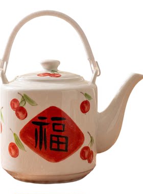 景德镇手绘釉下彩樱桃提梁冷水壶