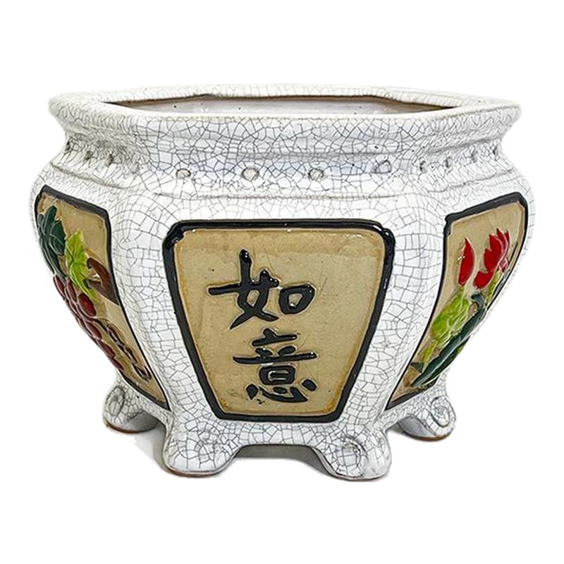 冰裂仿石湾花盆陶瓷大口径大肚盆景盆浮雕彩绘手工六角开窗复古盆