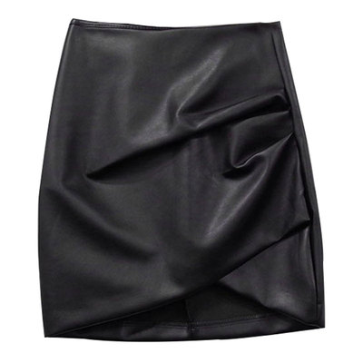 皮裙杏色短款高腰显瘦弹力