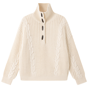 Halo Luu米色高领毛衣女秋冬加厚粗针宽松慵懒高级感内搭针织上衣