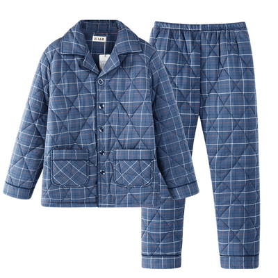 A&B睡衣男冬季可外穿珊瑚绒超厚三层夹棉大码加绒加厚家居服套装