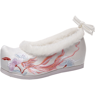 新款加绒汉服鞋子女秋冬季内增高古风秀禾鞋流苏古装学生绣花棉鞋