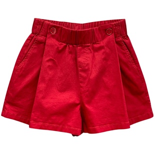 港味松紧腰薄款休闲宽松大码褶皱新款红色欧货裙裤牛仔短裤女春夏