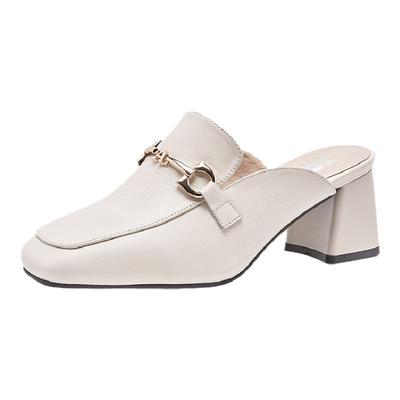 方头真皮包头半拖鞋软皮春夏季新款百搭中跟粗跟凉拖鞋女外穿时尚