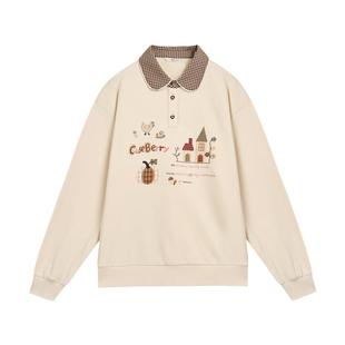 紫涵撞色格纹polo领米白卫衣女士秋季新款田园风贴布刺绣宽松卫衣