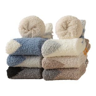 珊瑚绒袜子男秋冬中筒袜加绒加厚地板袜男士撞色保暖家居睡眠长袜