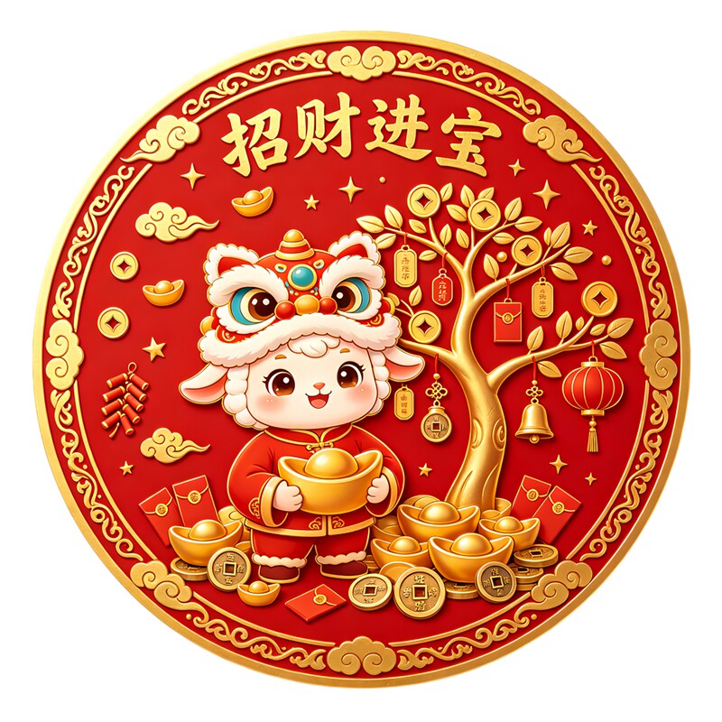国潮舞狮小羊招财进宝摇钱树红包铜钱圆形喜庆新春吉祥装饰贴纸