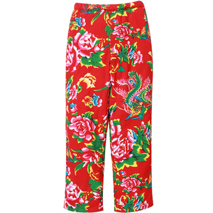 加厚成人丝绵棉裤女士高腰大花布修身保暖直筒长裤新娘装秋冬内胆