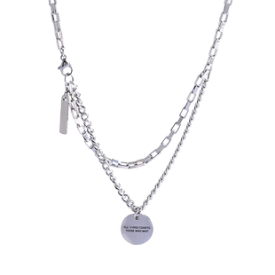 双层圆牌字母项链女ins嘻哈风钛钢锁骨链高级设计感小众配饰男潮