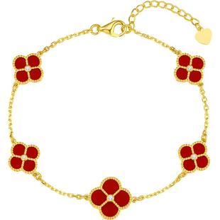 梦金园五花四叶草黄金手链足金镶嵌锆石红玛瑙手饰送女友生日礼物