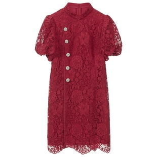 莱茵福莱尔复古旗袍红色中式夏季新款国风镂空蕾丝连衣裙粉色