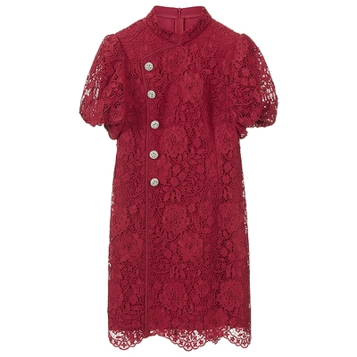 莱茵福莱尔复古旗袍红色中式夏季新款国风镂空蕾丝连衣裙粉色