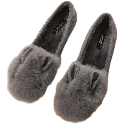 真皮兔毛豆豆鞋女加绒